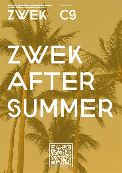 Das Bild zeigt Palmen und Sonne hinter dem Schriftzug "ZWEK After Summer" mit goldener Prägung. 