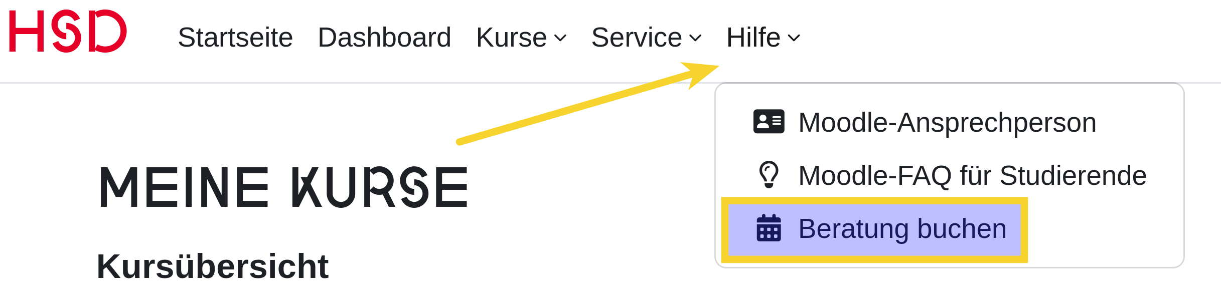 Screenshot: Moodle Help menu with highlighted 'Book consultation' link