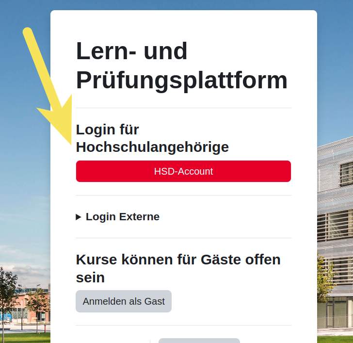 Moodle login screen with red HSD-Account button